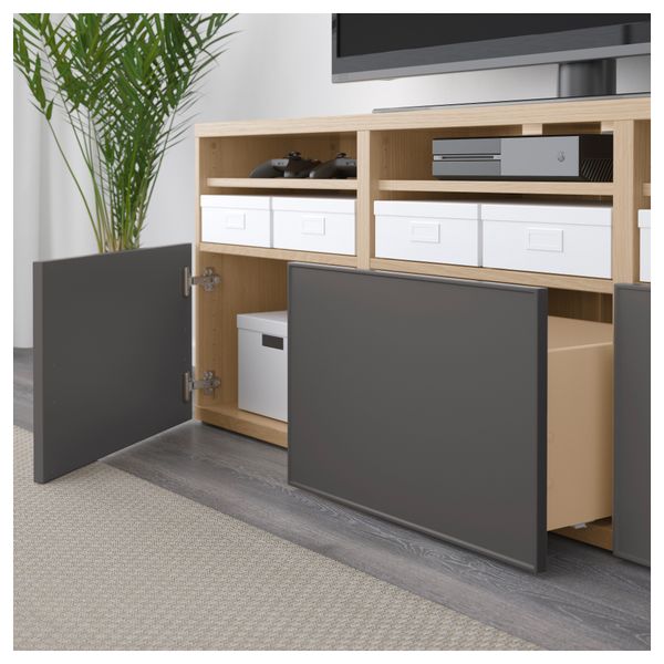 Шкаф для ТВ, комбинированный, стекляные дверцы БЕСТО, под беленый дуб Грундсвикен, темно-серый прозрачное стекло (180x40x192 см) - фото 4