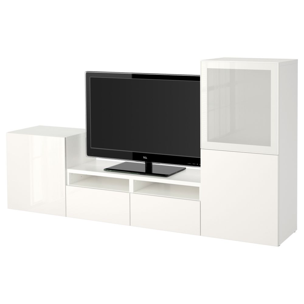 Шкаф для ТВ, комбинированный, стекляные дверцы БЕСТО, белый, Сельсвикен глянцевый/белый матовое стекло (240x40x128 см) - фото 1