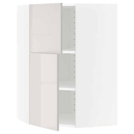 Угловой навесной шкаф + полки, 2 дверцы МЕТОД, белый, Рингульт светло-серый (68x100 см)