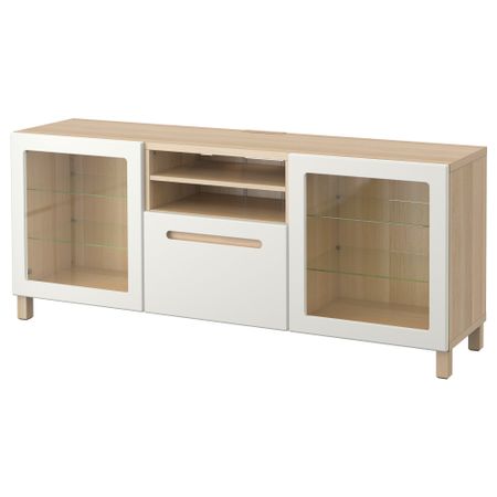 Тумба для ТВ с ящиками БЕСТО, под беленый дуб, Марвикен белый прозрачное стекло (180x40x74 см)