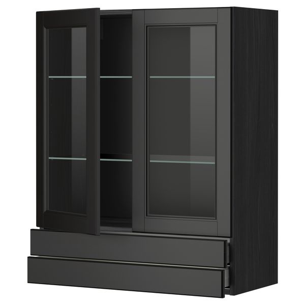 Навесной шкаф, 2 стеклянные дверцы, 2 ящика МЕТОД / МАКСИМЕРА, черный, Лаксарби черно-коричневый - фото 1