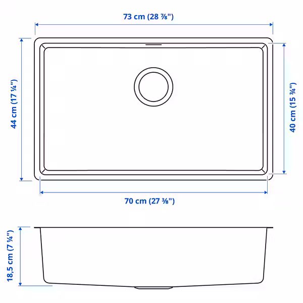 VRESJÖN ВРЕШЁН Одинарная врезная мойка - нержавеющ сталь 73x44 см - схема-чертеж с размерами