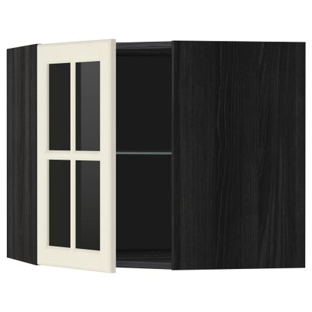 Угловой навесной шкаф с полками, стекляными дверцами МЕТОД, черный, Будбин белый с оттенком