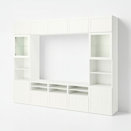 BESTÅ Комбинация для ТВ/стеклянные дверцы - белый/пипмакаре белый 300x42x231 см