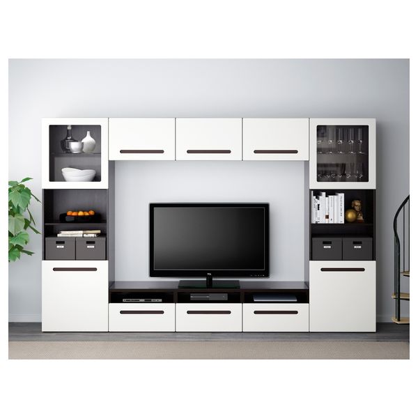 Шкаф для ТВ, комбинированный, стекляные дверцы БЕСТО, черно-коричневый, Марвикен белый прозрачное стекло (300x40x192 см) - фото 2