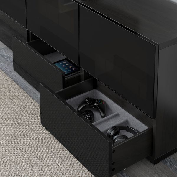 Тумба под ТВ, с дверцами и ящиками, 180x40x64 см, черно-коричневый, Selsviken глянцевый, черный дымчатое стекло IKEA BESTÅ БЕСТО - фото 4