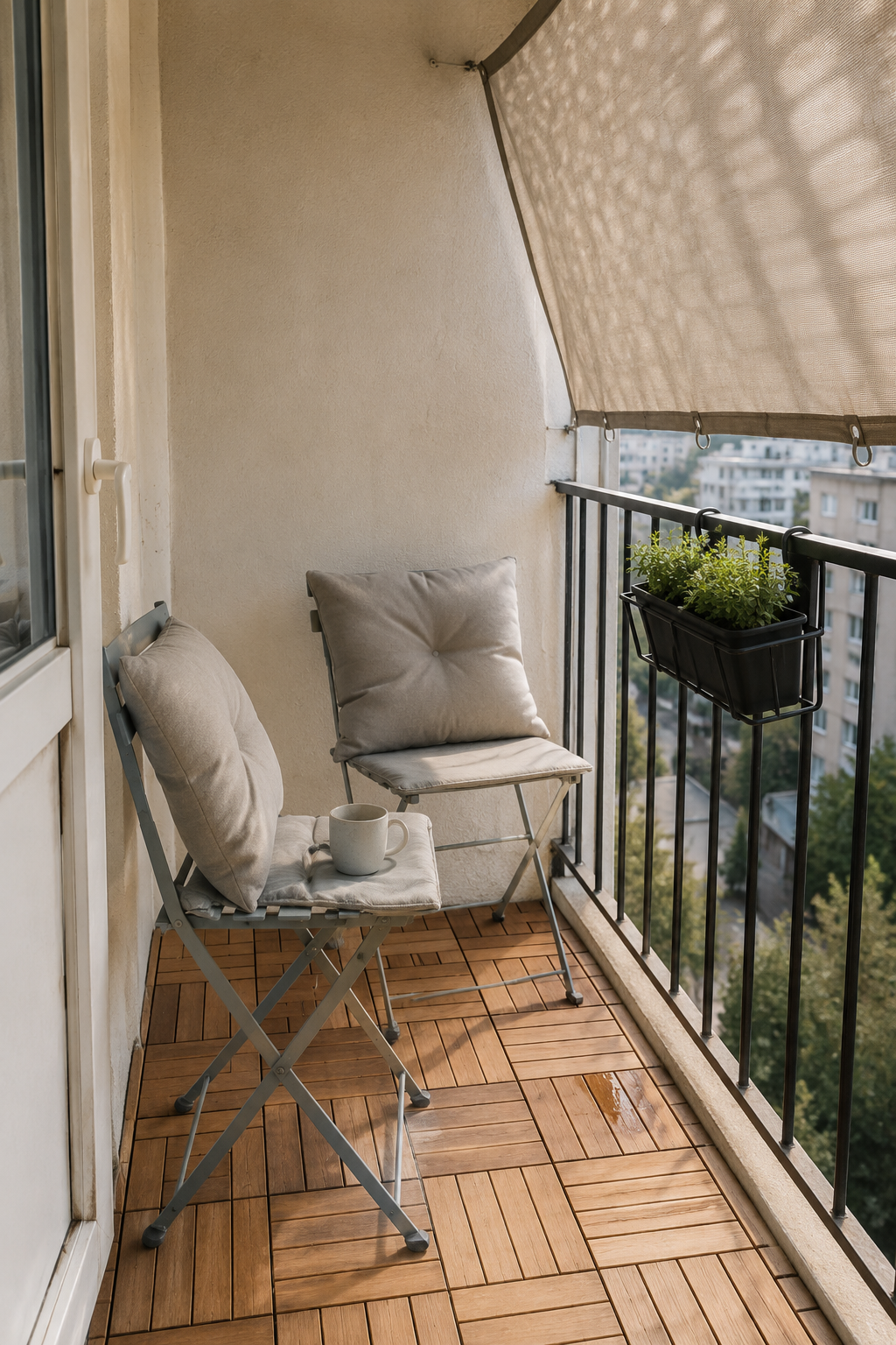 Оптимальная зона отдыха на балконе: складные табуреты TÄRNÖ с подушками 44×44, кашпо с держателем, тент и декор