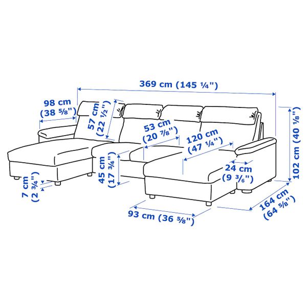 4-местный диван, с козеткой/Гранн/Бумстад золотисто-коричневый IKEA LIDHULT ЛИДГУЛЬТ 592.573.57 - схема-чертеж с размерами