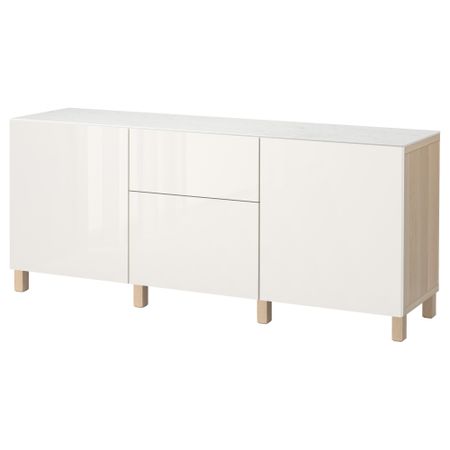 Комбинация для хранения с дверцами, ящиками БЕСТО, под беленый дуб, Сельсвикен глянцевый/белый (180x42x74 см)