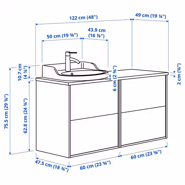 TÄNNFORSEN ТАННФОРСЕН / RUTSJÖN РУТШЁН Шкаф п-раковину/раковина/смеситель - схема-чертеж с размерами