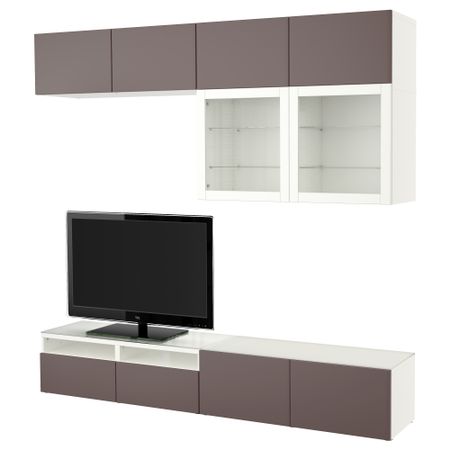 Шкаф для ТВ, комбинированный, стекляные дверцы БЕСТО, белый, Вальвикен темно-коричневый, прозрачное стекло (240x40x230 см)