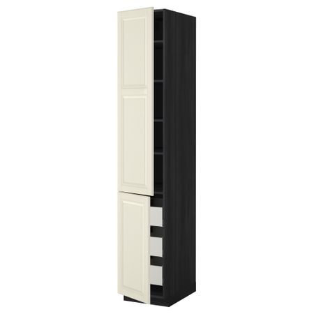 Высокий шкаф + полки, 3 ящика, 2 дверцы МЕТОД / МАКСИМЕРА, черный, Будбин белый с оттенком