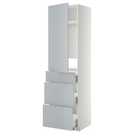 Высокий шкаф для холодильника, с дверцами, 3 ящика МЕТОД / ФОРВАРА, белый, Веддинге серый (60x60x220 см)