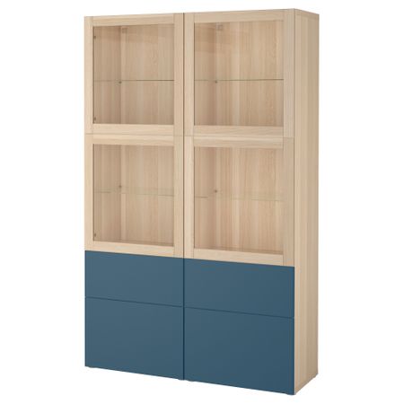 Комбинация для хранения со стеклянными дверцами БЕСТО, под беленый дуб Вальвикен, темно-синий прозрачное стекло (120x40x192 см)