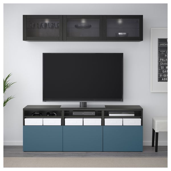 Шкаф для ТВ, комбинированный, стекляные дверцы БЕСТО, черно-коричневый Вальвикен, темно-синий прозрачное стекло (180x40x192 см) - фото 3