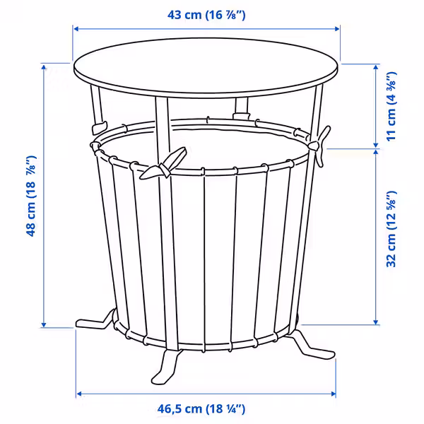ÄNGESBYN Столик с отделениями д/хранения - чёрный/сосна светло-коричневая морилка 43 см - схема-чертеж с размерами
