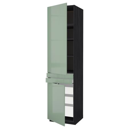 Высокий шкаф + полки, 5 ящиков, 2 дверцы, 2 фронтальных МЕТОД / МАКСИМЕРА, черный, Калларп светло-зеленый