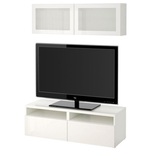 Шкаф для ТВ, комбинированный, стекляные дверцы БЕСТО, белый, Сельсвикен глянцевый/белый матовое стекло (120x20/40x166 см) - фото 1