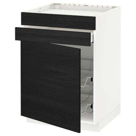 Напольный шкаф для варочной панели, ящик, 2 проволочных корзины МЕТОД / МАКСИМЕРА, белый, Тингсрид черный (60x60 см)