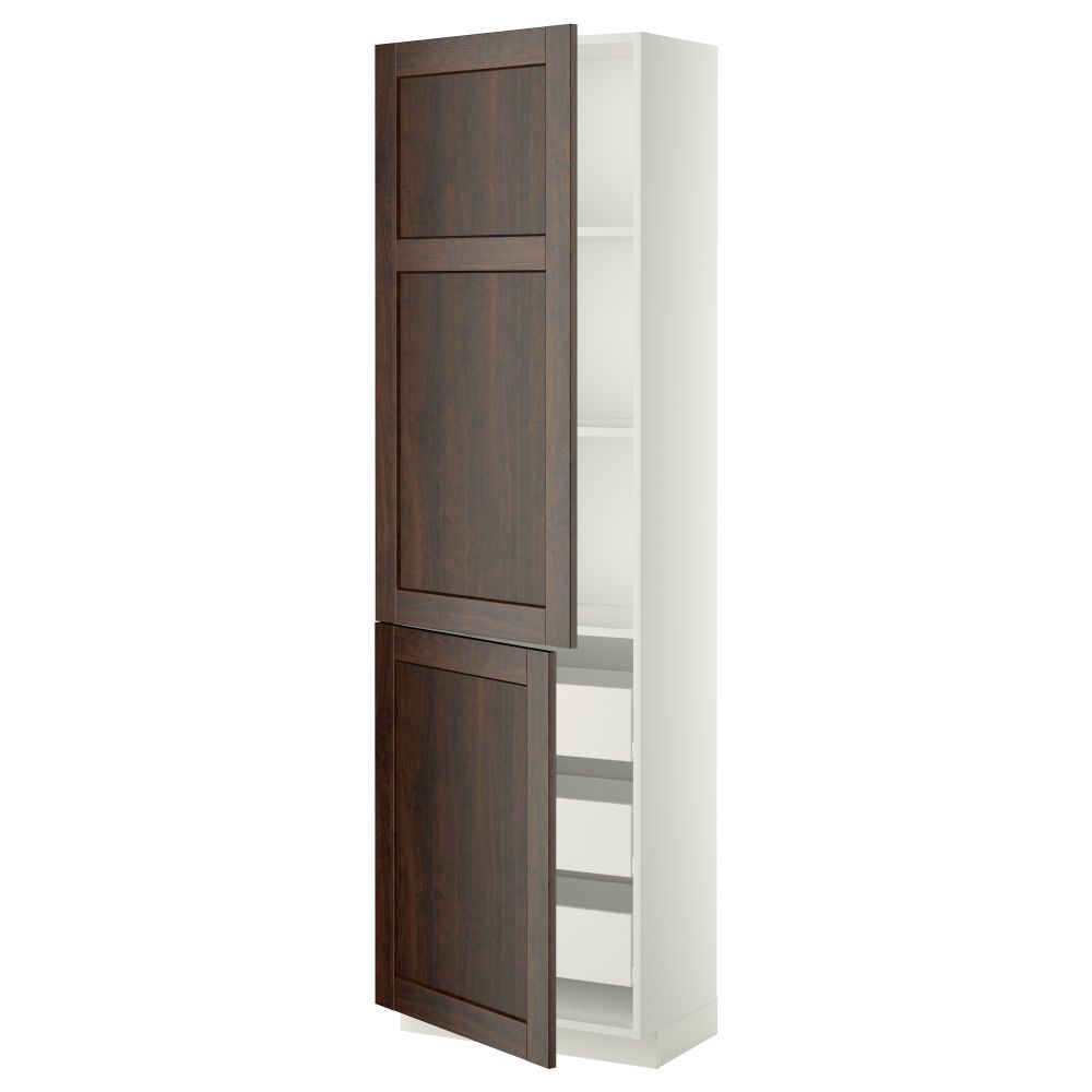 Высокий шкаф + полки, 3 ящика, 2 дверцы МЕТОД / ФОРВАРА, белый, Эдсерум коричневый - фото 1