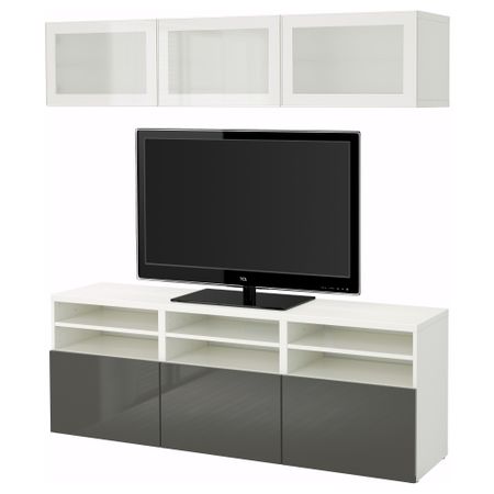 Шкаф для ТВ, комбинированный, стекляные дверцы БЕСТО, белый, Сельсвикен глянцевый/серый матовое стекло (180x40x192 см)