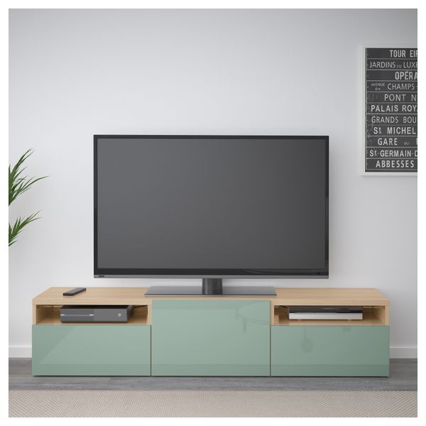 Тумба под ТВ БЕСТО, под беленый дуб, Сельсвикен глянцевый/серо-зеленый светлый (180x40x38 см) - фото 2