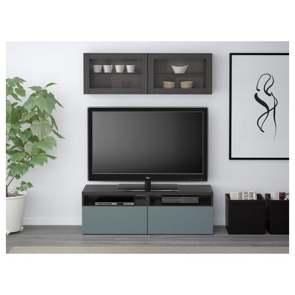 Шкаф для ТВ, комбинированный, стекляные дверцы БЕСТО, черно-коричневый, Вальвикен серо-бирюзовый, прозрачное стекло - фото 2