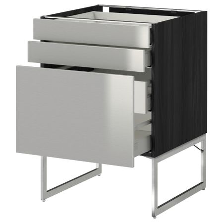 Напольный шкаф 3 фронтальных панели, 2 нижних, 2 средних ящика МЕТОД / МАКСИМЕРА, черный, Гревста нержавеющ сталь