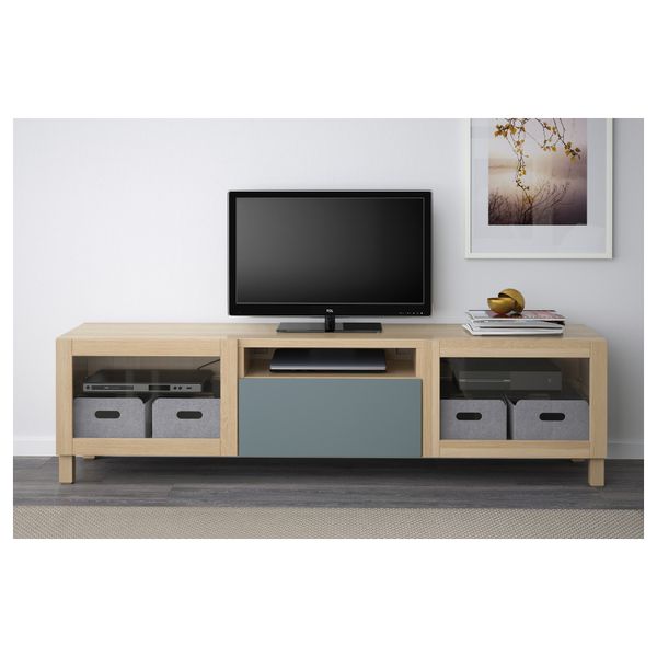 Тумба под ТВ БЕСТО, под беленый дуб, Вальвикен серо-бирюзовый, прозрачное стекло (180x40x48 см) - схема-чертеж с размерами