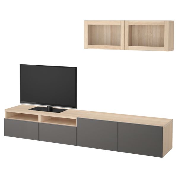 Шкаф для ТВ, комбинированный, стекляные дверцы БЕСТО, под беленый дуб Грундсвикен, темно-серый прозрачное стекло (240x20/40x166 - фото 1