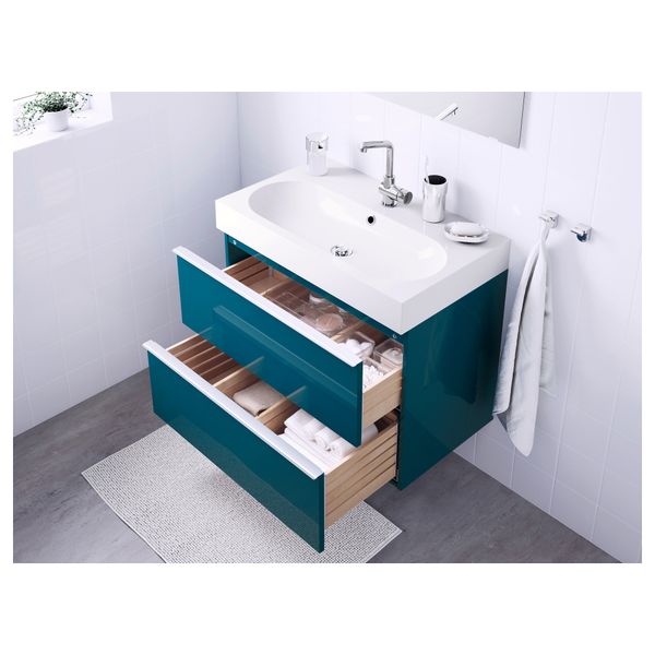 Шкаф для раковины с 2 ящиками ГОДМОРГОН / БРОВИКЕН, глянцевый бирюзовый (80x49x68 см) - фото 3