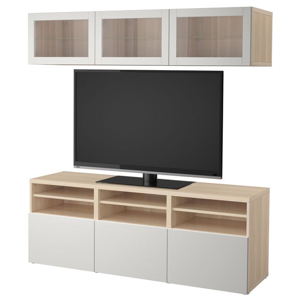 Шкаф для ТВ, комбинированный, стекляные дверцы БЕСТО, под беленый дуб Синдвик, Лаппвикен светло-серый прозрачное стекло - фото 1