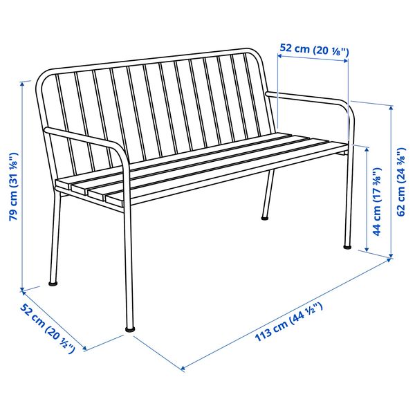 Садовая скамья со спинкой, серый IKEA ПРЭСТХОЛЬМ 104.363.51 - схема-чертеж с размерами