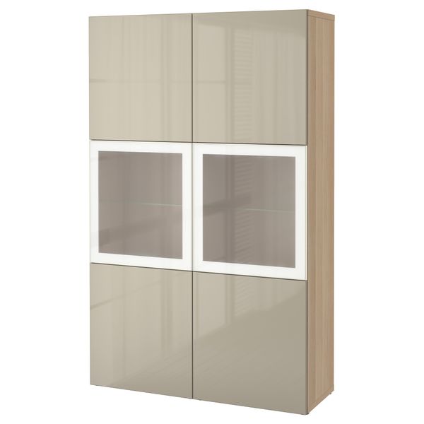 Комбинация для хранения со стеклянными дверцами БЕСТО, под беленый дуб, Сельсвикен глянцевый/бежевый матовое стекло (120x40x192 - фото 1