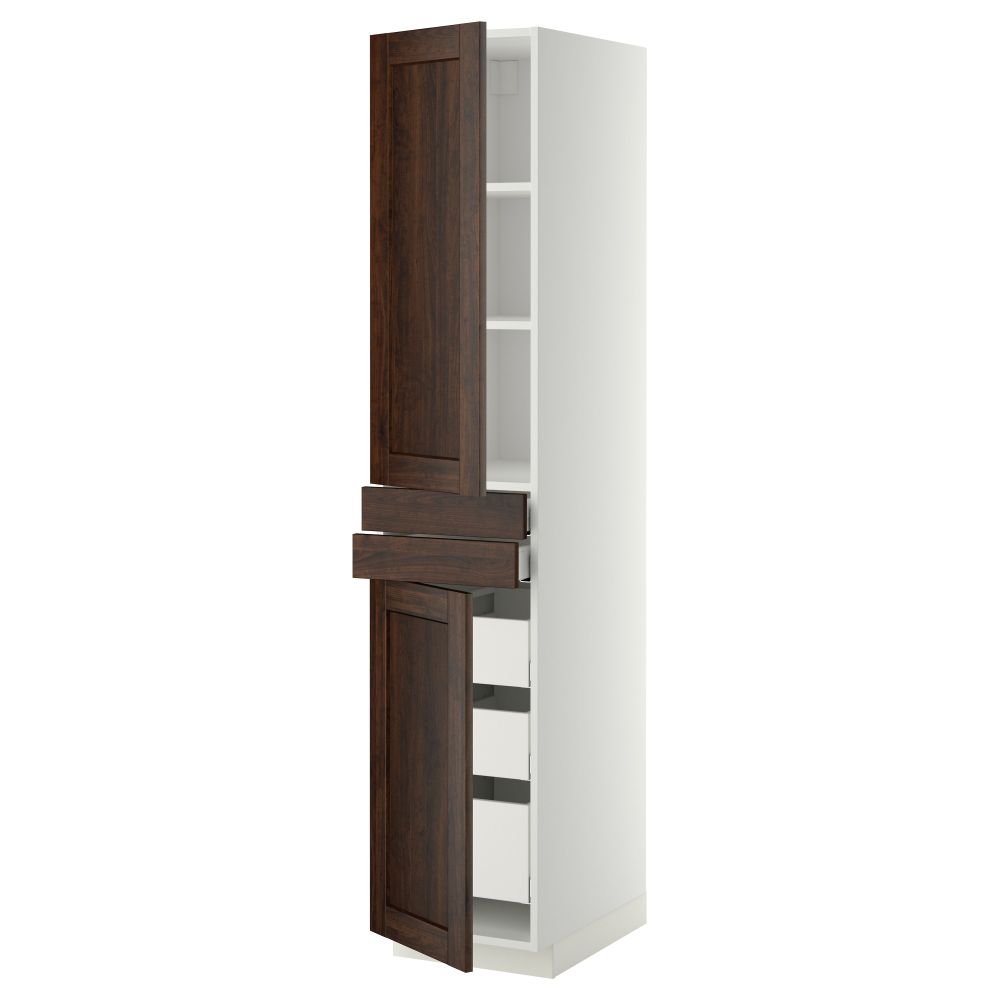 Высокий шкаф + полки, 5 ящиков, 2 дверцы, 2 фронтальных МЕТОД / МАКСИМЕРА, белый, Эдсерум коричневый - фото 1