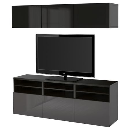 Шкаф для ТВ, комбинированный, стекляные дверцы БЕСТО, черно-коричневый, Сельсвикен глянцевый/серый дымчатое стекло (180x40x192