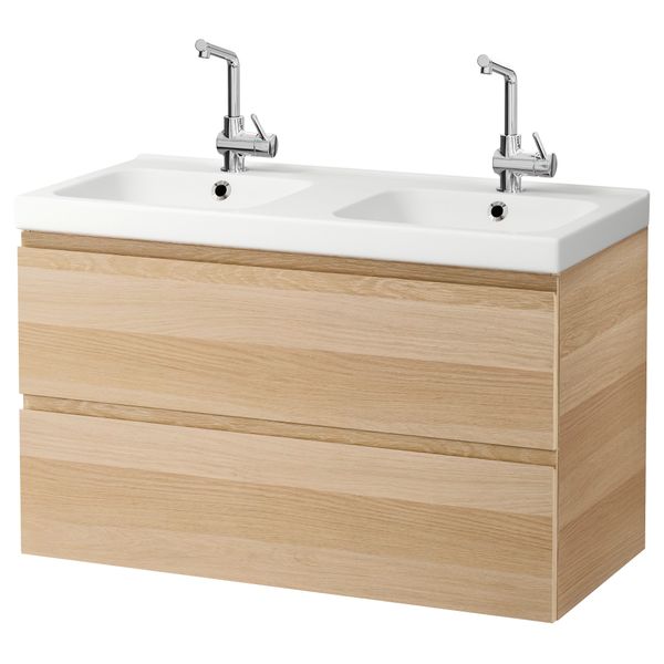 Шкаф для раковины с 2 ящиками ГОДМОРГОН / ОДЕНСВИК, дубовый шпон, беленый под беленый дуб (100x49x64 см) - схема-чертеж с размерами