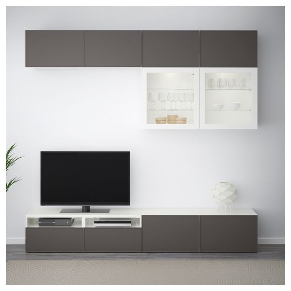 Шкаф для ТВ, комбинированный, стекляные дверцы БЕСТО, белый Грундсвикен, темно-серый прозрачное стекло (240x40x230 см) - фото 2