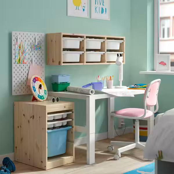 TROFAST Комбинация с контейнером/лотками - светлая беленая сосна белый/голубой 32x44x52 см - фото 2