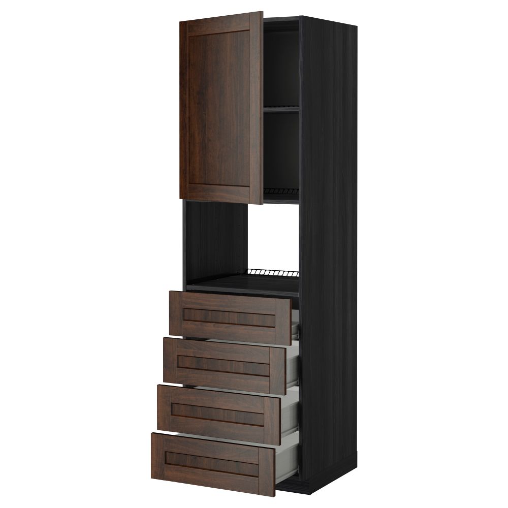 Высокий шкаф для духовки, дверца, 4 ящика МЕТОД / ФОРВАРА, черный, Эдсерум коричневый - фото 1