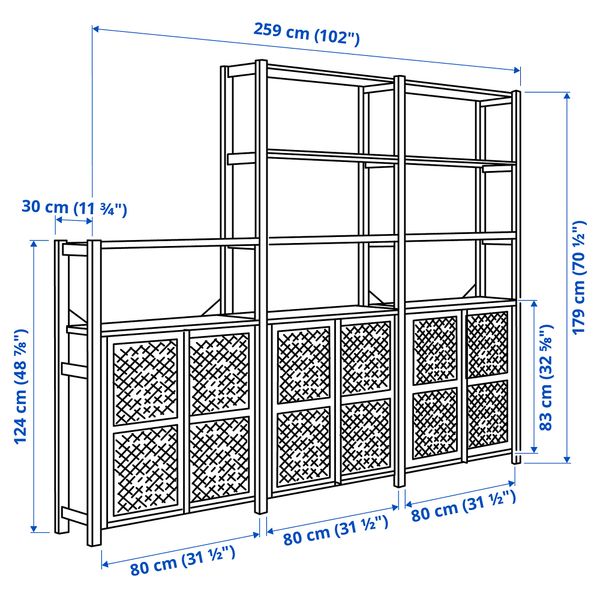 3 секции, полки, шкаф IKEA IVAR ИВАР 694.038.34 - схема-чертеж с размерами