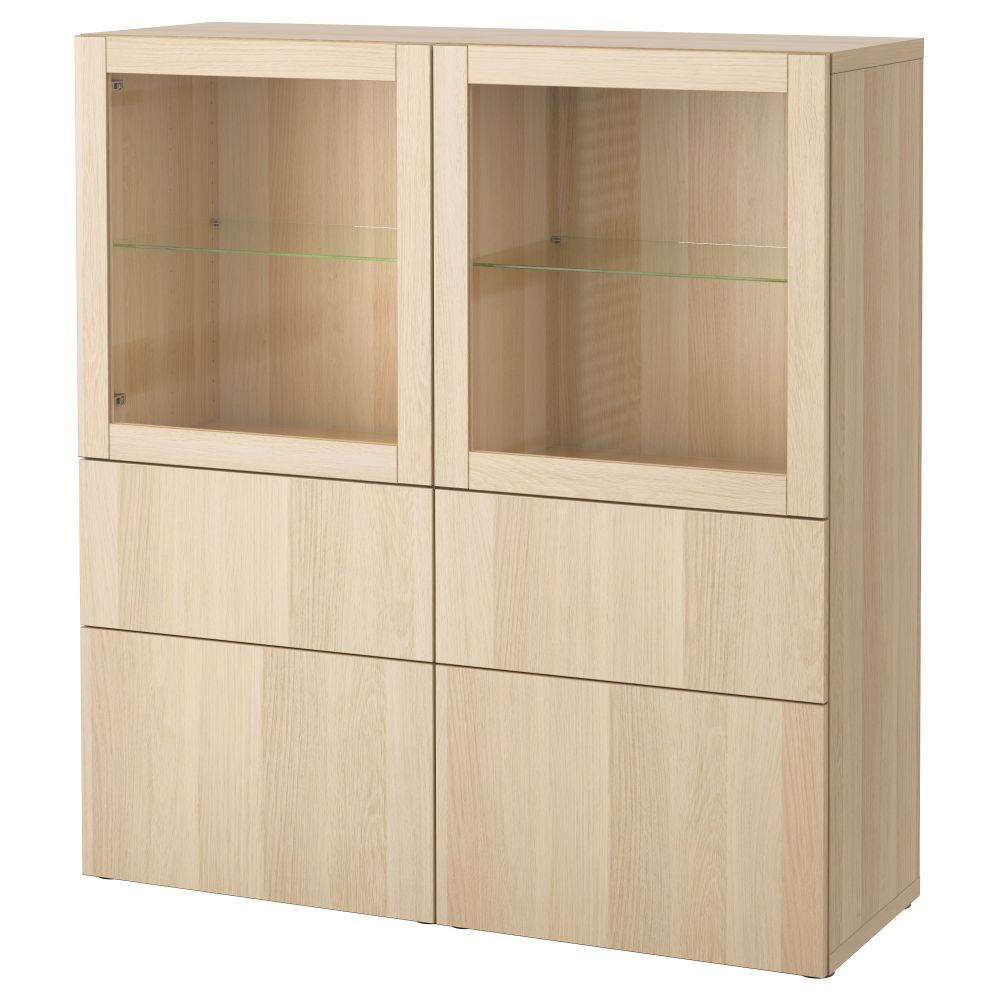 Комбинация для хранения + стеклянная дверцами, 120x40x128 см, Lappviken, Sindvik под беленый дуб, прозрачное стелко IKEA BESTÅ - фото 1