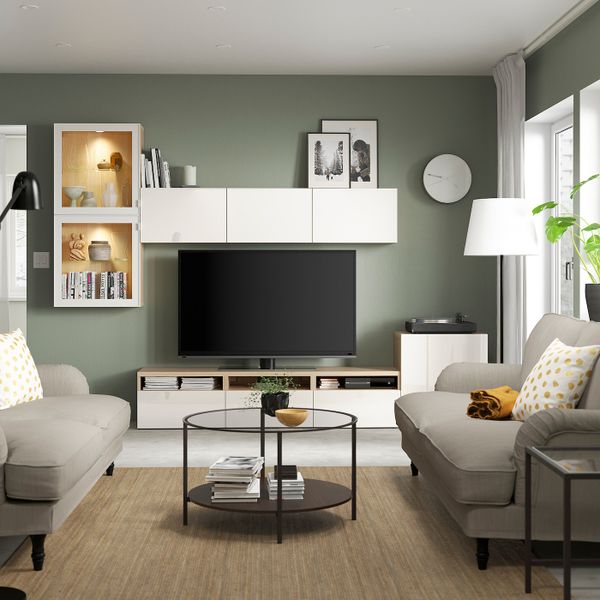 Шкаф для ТВ, комбинированный, стекляные дверцы, под беленый дуб/Сельсвикен глянцевый, белый прозрачное стекло 300x42x211 см IKEA - фото 3