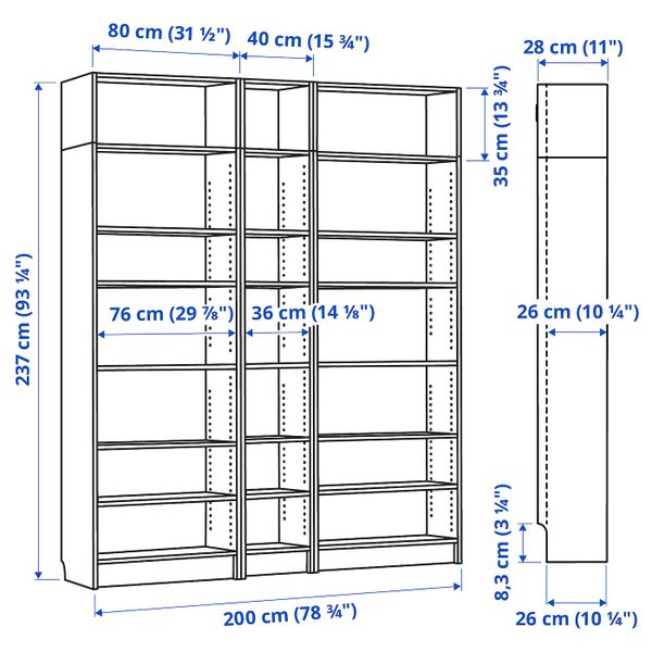 Стеллаж, коричневый ясеневый шпон 200x28x237 см IKEA BILLY БИЛЛИ 192.439.75 - схема-чертеж с размерами