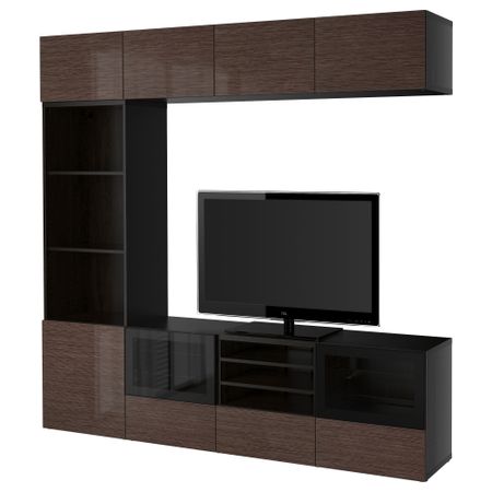 Шкаф для ТВ, комбинированный, стекляные дверцы БЕСТО, черно-коричневый, Сельсвикен глянцевый/коричневый прозрач стекло
