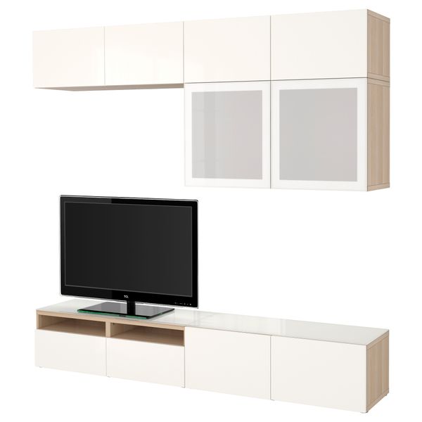 Шкаф для ТВ, комбинированный, стекляные дверцы БЕСТО, под беленый дуб, Сельсвикен глянцевый/белый матовое стекло (240x40x230 см) - фото 1