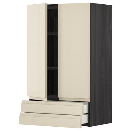 Навесной шкаф/2дверцы/2ящика, черный, Воксторп глянцевый светло-бежевый 60x100 см IKEA МЕТОД 493.027.94