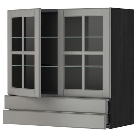 Навесной шкаф, 2 стеклянные дверцы, 2 ящика МЕТОД / МАКСИМЕРА, черный, Будбин серый