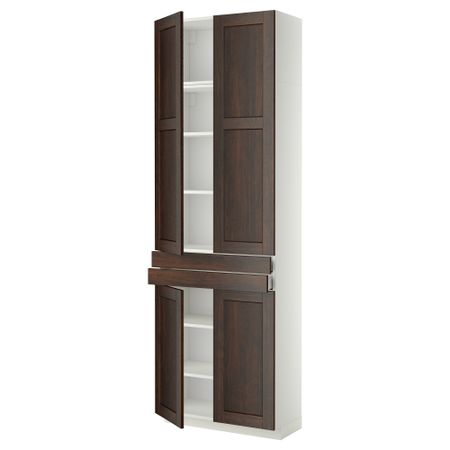 Высокий шкаф + полки, 2 ящика, 4 дверцы МЕТОД / МАКСИМЕРА, белый, Эдсерум коричневый (80x37x240 см)