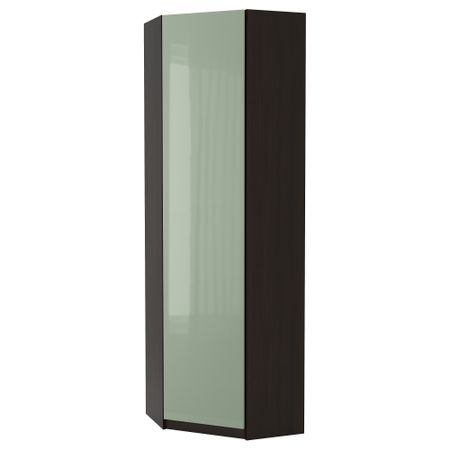 Гардероб угловой ПАКС, черно-коричневый, Фардаль глянцевый/светло-зеленый